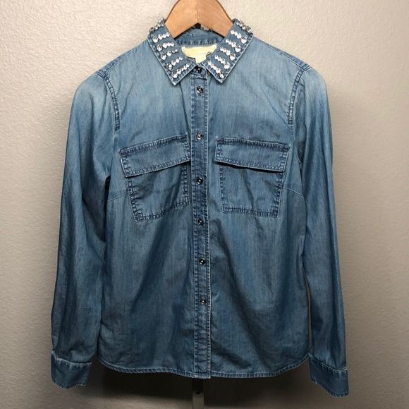 Michael Kors Chrystal-Collar Denim Shirt - Picture 3 of 7